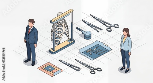 Isometric Medical Illustration of Surgical Tools on White Background Featuring Doctors Man and Woman in Business Attire for Clinical Presentations and Healthcare Education Purposes