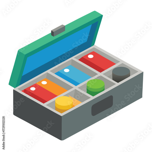Isometric toolbox vector illustration with colorful compartments and tools isolated on white