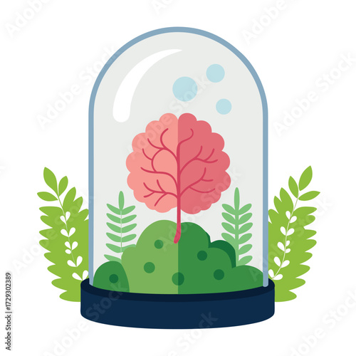 Stylized pink brain tree growing inside a glass dome terrarium isolated on white background