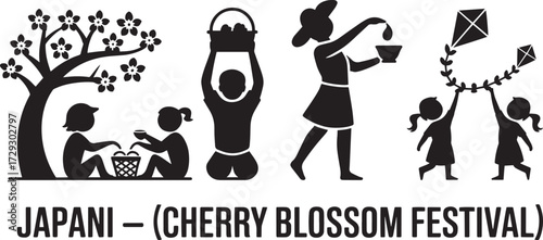 Cherry blossom festival, Japan culture celebration, children playing, adults picnic, Japanese festival vector