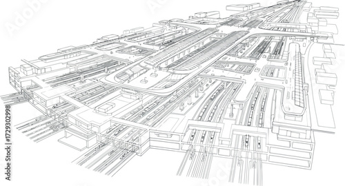 Vector art of detailed architectural blueprint of a complex train station with multiple platforms and tracks