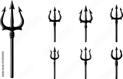 Trident devil or satan icons vector set. Pitchfork Poseidon or Neptune on white background. Symbol hell and evil.
