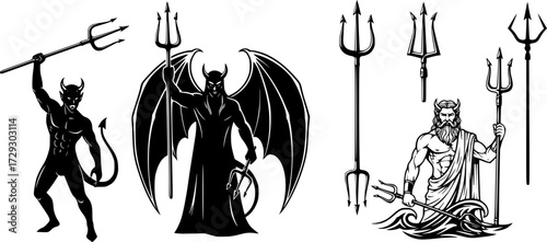 Trident devil or satan icons vector set. Pitchfork Poseidon or Neptune on white background. Symbol hell and evil.