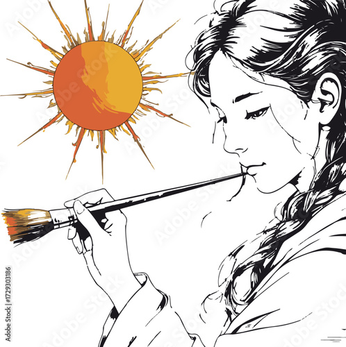 Painter holding a brush with paint stroke forming a sun, black and white vector line art 1