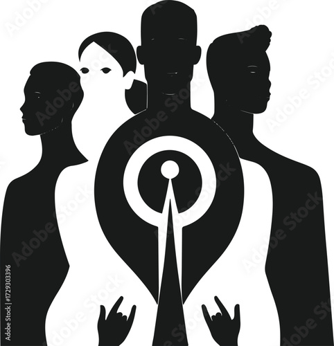 Silhouettes of three people standing together, black and white line art, unity symbol 2