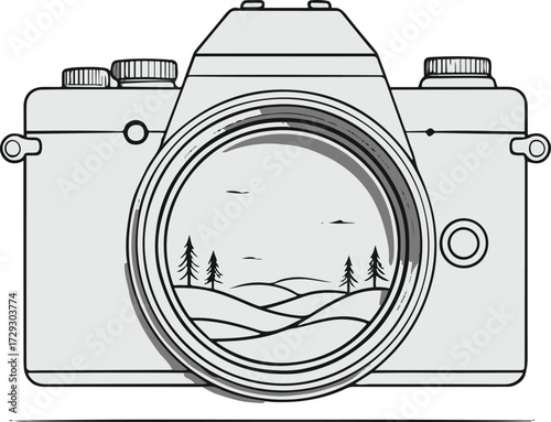 Camera outline with a tiny landscape inside lens, black and white vector line art 1