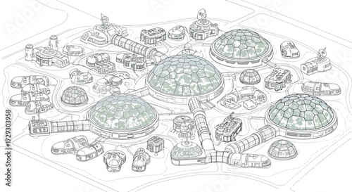 Vector art of futuristic biodome colony with interconnected modules and domes, architectural concept art