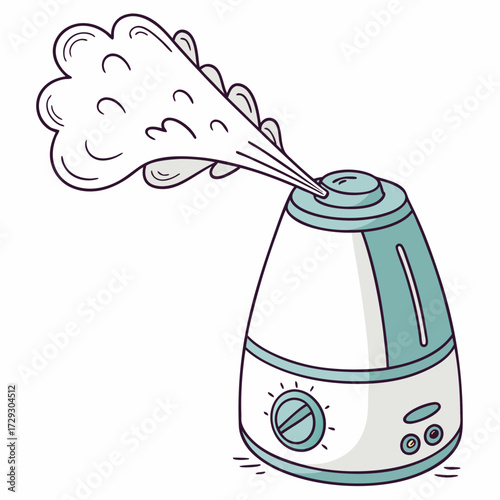 Vector illustration of a humidifier releasing steam mist. Ideal for health, wellness, home appliance, and air care concepts.