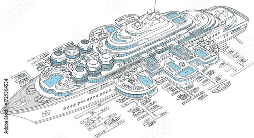 Vector art of luxury mega yacht with multiple decks, pools, and private docks