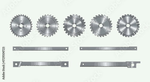 Assortment of metallic saw blades vector tools for cutting material