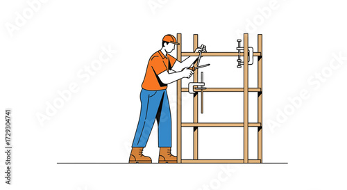 Carpenter assembling wooden shelf unit using clamps and a screwdriver