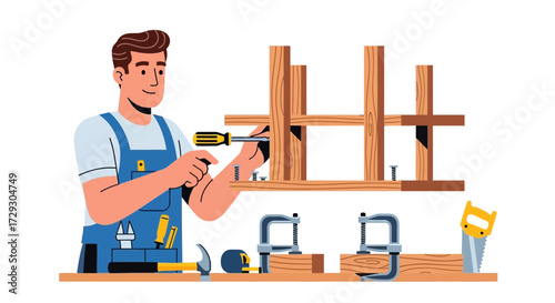 Carpenter assembling wooden frame with hand tools in workshop concept
