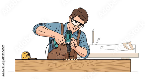 Carpenter accurately drilling wood with cordless drill wearing safety glasses