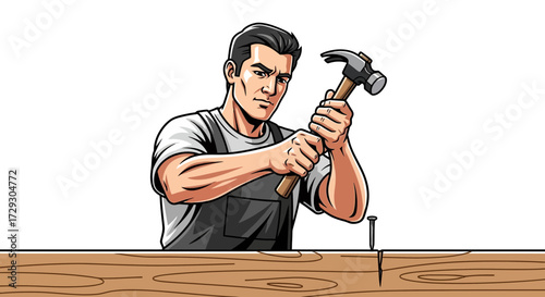 Carpenter hammering nail into wood with intense focus and precision