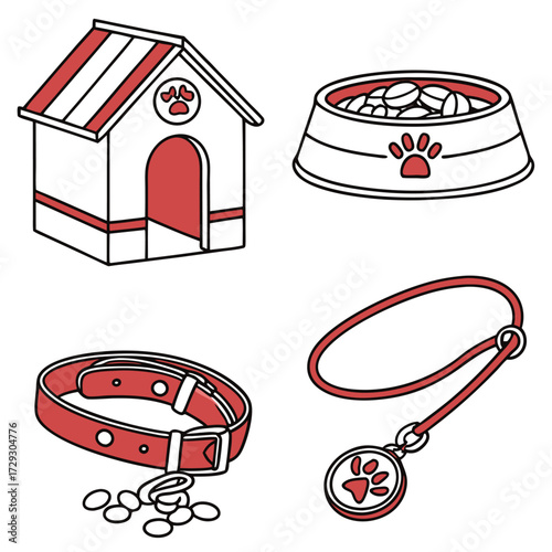 Vector illustration of pet accessories including dog house, food bowl, collar, leash, and tag. Perfect for pet care, veterinary, adoption, and animal shop designs