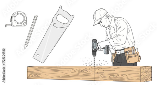 Carpenter diligently drilling on wood plank with assorted tools nearby