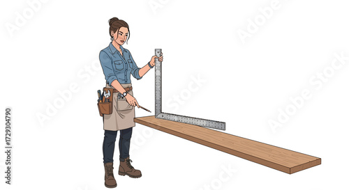 Carpenter measures wooden plank using L-square, ensuring precise cutting