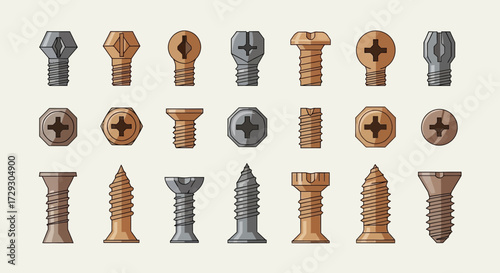 Collection of Different Screw Head Styles and Designs, Isolated Vector Set