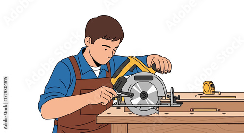 Concentrated carpenter cutting wood with a circular saw on workbench