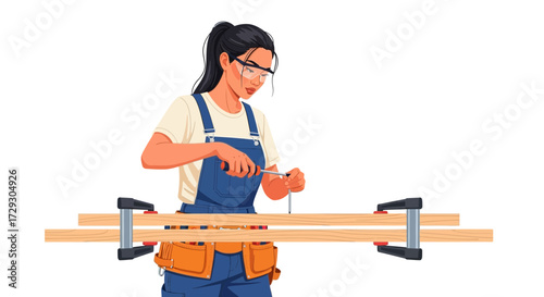 Competent woman assembling wooden planks with clamp and screwdriver
