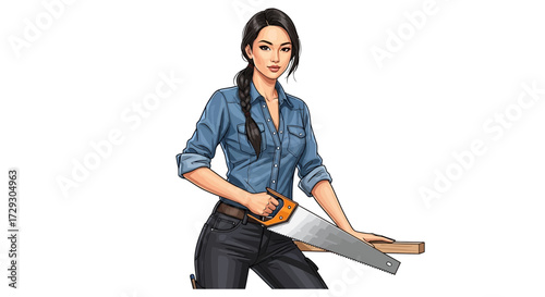 Confident Craftswoman Illustration Ready to Saw Wood With Precision