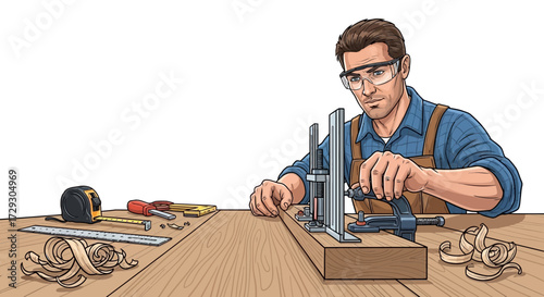 Concentrated craftsman operating a woodworking machine with precision