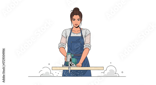 Confident woman crafting wood with skill in a carpentry workshop setup