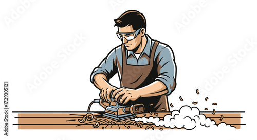 Craftsman smoothing wood with a power sander to create quality furniture