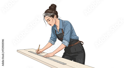 Craftswoman carefully marking a wooden board, focused woodworking process