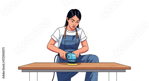 Craftswoman sanding wooden surface with electrical sander in workshop