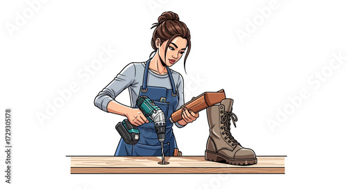 Craftswoman working with a power drill, repairing a military boot