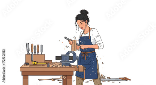 Craftswoman Shaping Wood with Precision Tools in a Workshop Setting