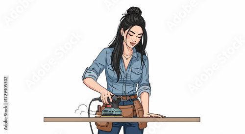 Empowered woman sanding wood for DIY project with meticulous attention