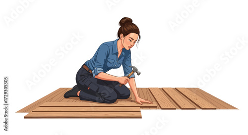 Female carpenter installing wooden floor planks with attention to detail