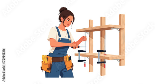 Empowered artisan woman meticulously crafting a bespoke wooden bookshelf