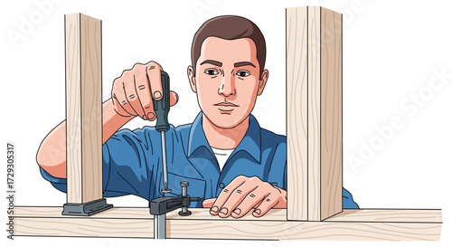 Engaged worker securing wood frame with screwdriver and clamp effectively