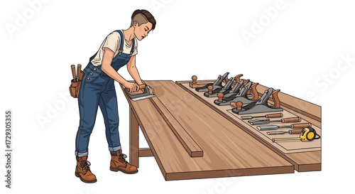 Female woodworker using a hand plane, craftsmanship in a rustic workshop