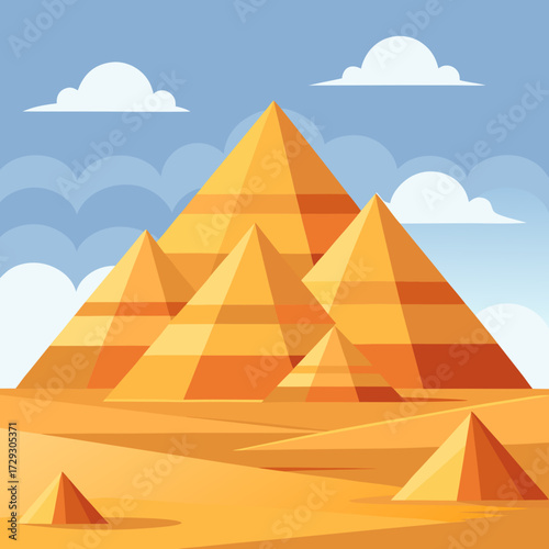 golden pyramids under a bright desert sky