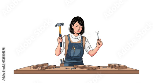 Focused craftswoman preparing for woodwork with hammer and nail in hand