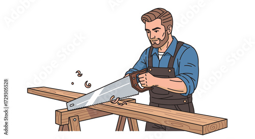 Illustration of a confident Carpenter sawing wood with a hand saw skillfully