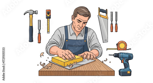Illustration of a carpenter smoothing wood using a sanding block and tools