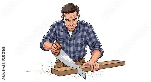 Illustration of a focused carpenter sawing wood with hand saw expertly