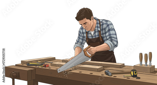Man cutting wood on workbench in cartoon style professional craftsmanship