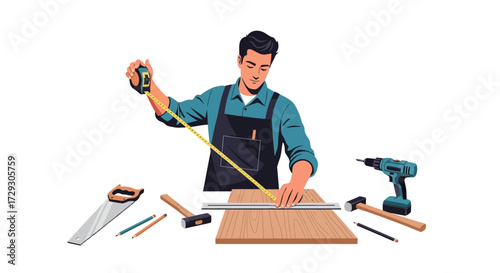 Man meticulously measuring wood with a tool belt for carpentry project
