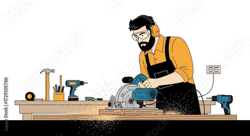 Man skillfully using circular saw in workshop for precise woodwork