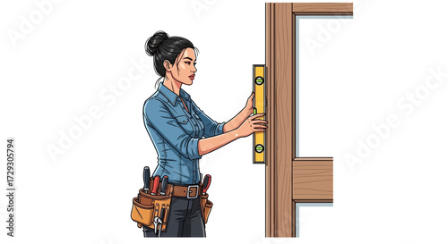 Professional woman ensuring structural integrity with a spirit level tool