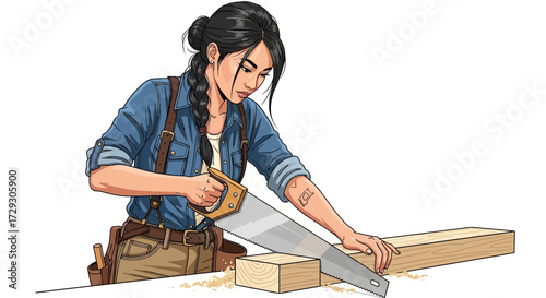 Skilled female carpenter expertly sawing wood in workshop illustration