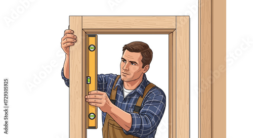Skilled worker carefully leveling a wood door frame with a spirit level