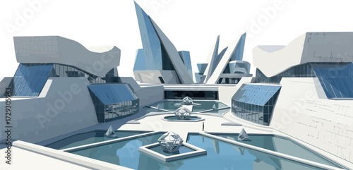 Vector art of futuristic architectural rendering of a modern complex with sharp angles and water features