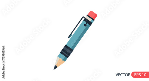 Stylized illustration of a blue pencil with eraser and clip isolated